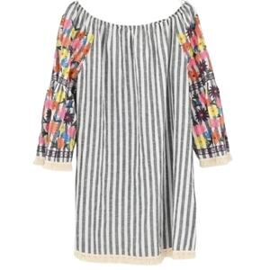 Philosophy Linen Blend Boho Peasant Striped Dress, Floral Embroidered, Small
